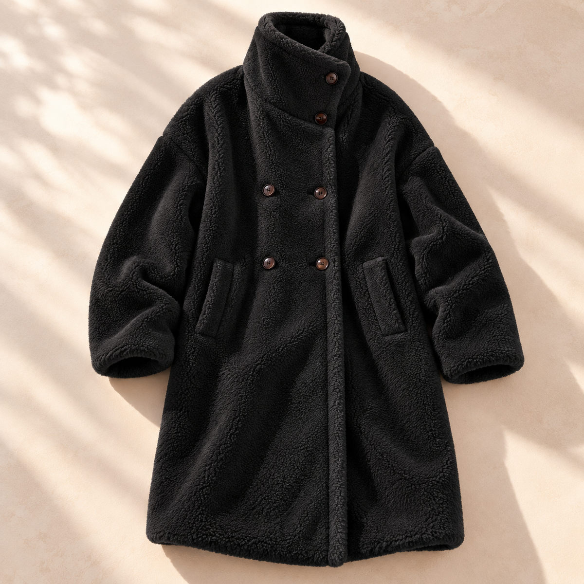 Plush Double Breasted Teddy Coat with Stand-Up Collar
