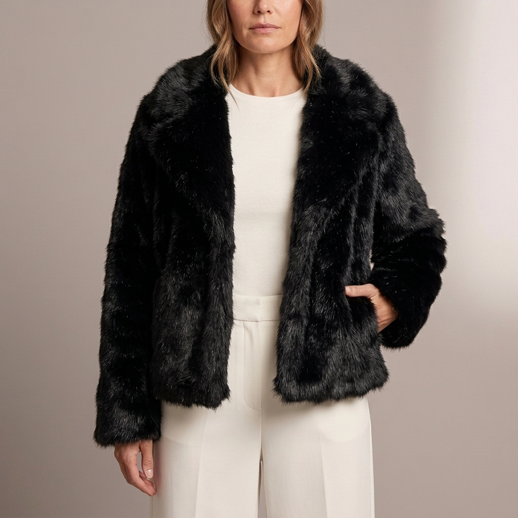 Plush Faux Fur Jacket with Wide Lapel Collar