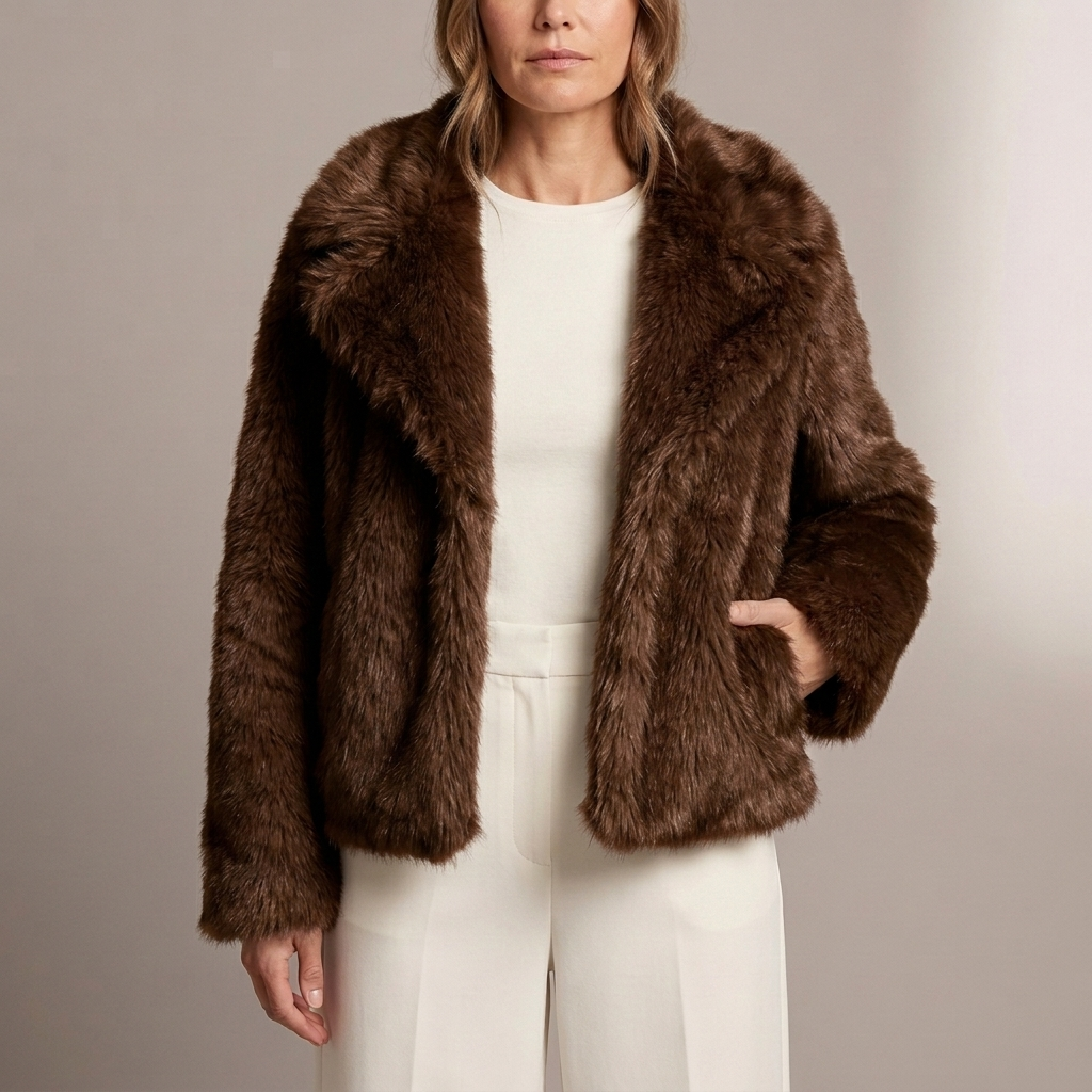 Plush Faux Fur Jacket with Wide Lapel Collar