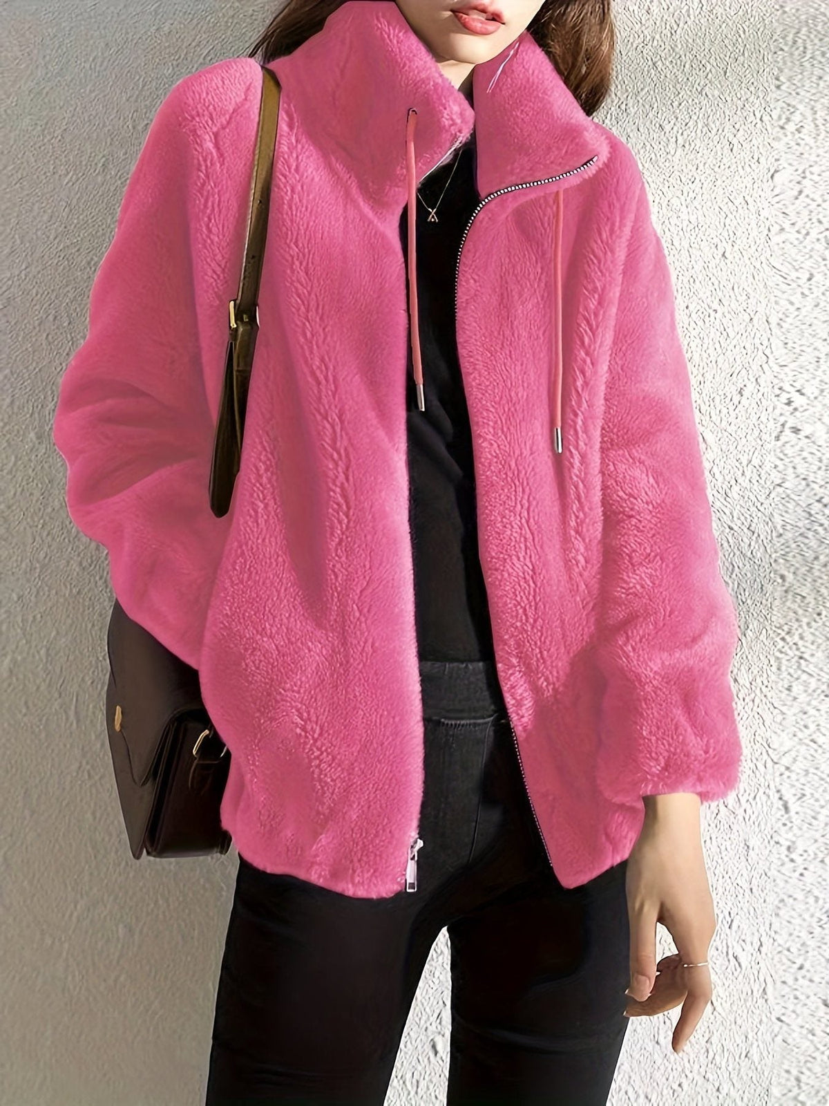 Plush Fleece Jacket with Stand Collar and Full Zip
