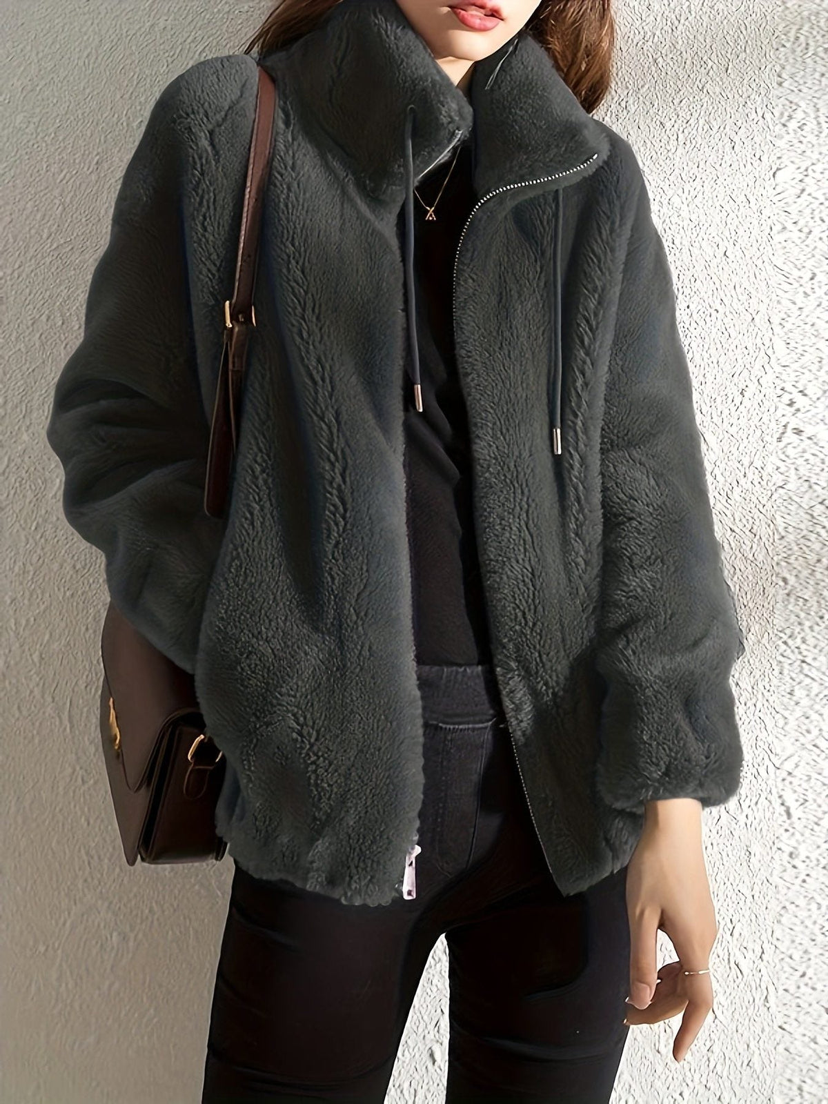 Plush Fleece Jacket with Stand Collar and Full Zip