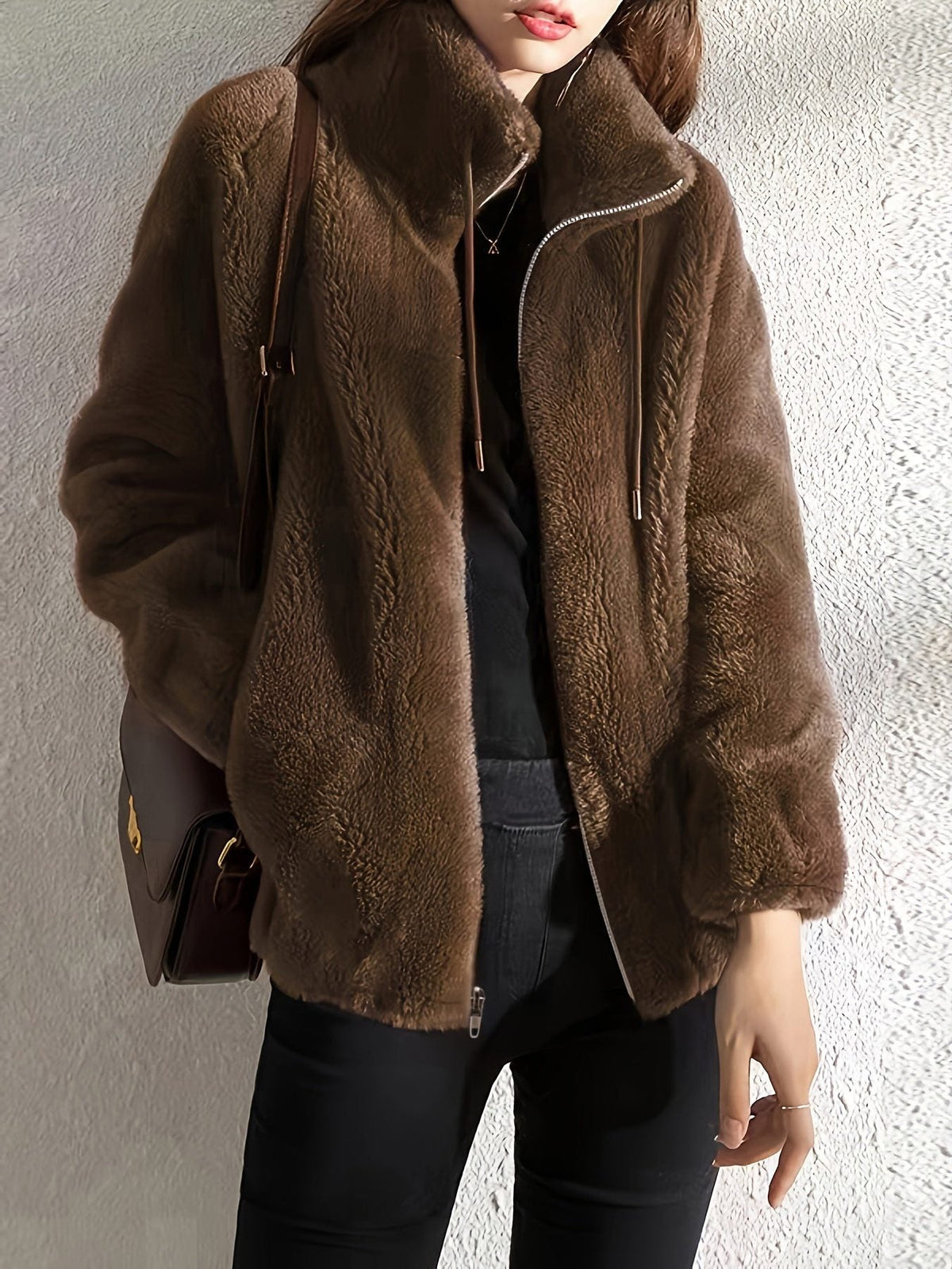 Plush Fleece Jacket with Stand Collar and Full Zip