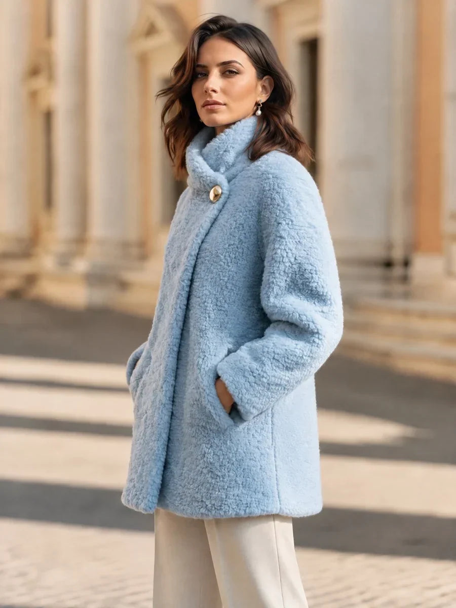 Plush Light Blue Teddy Coat with Gold Button and Wrap Collar