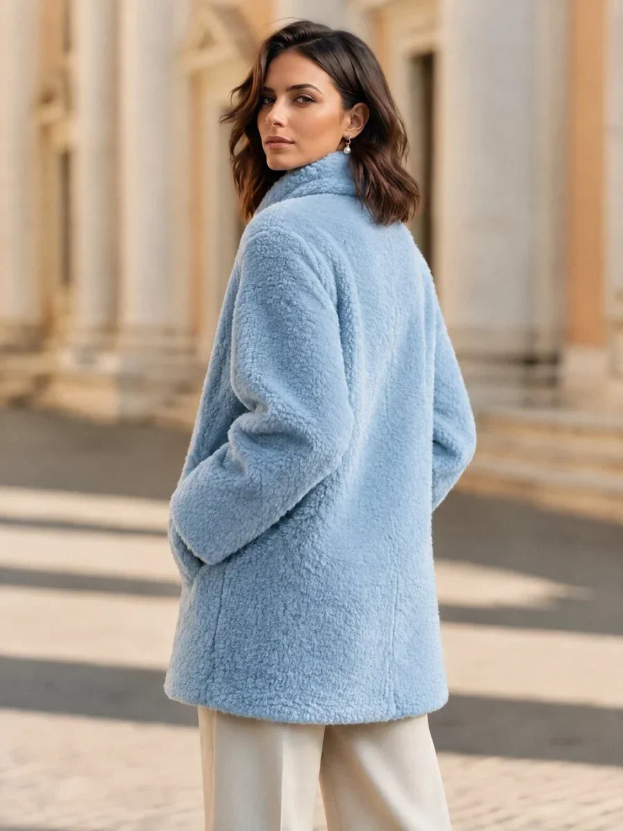 Plush Light Blue Teddy Coat with Gold Button and Wrap Collar