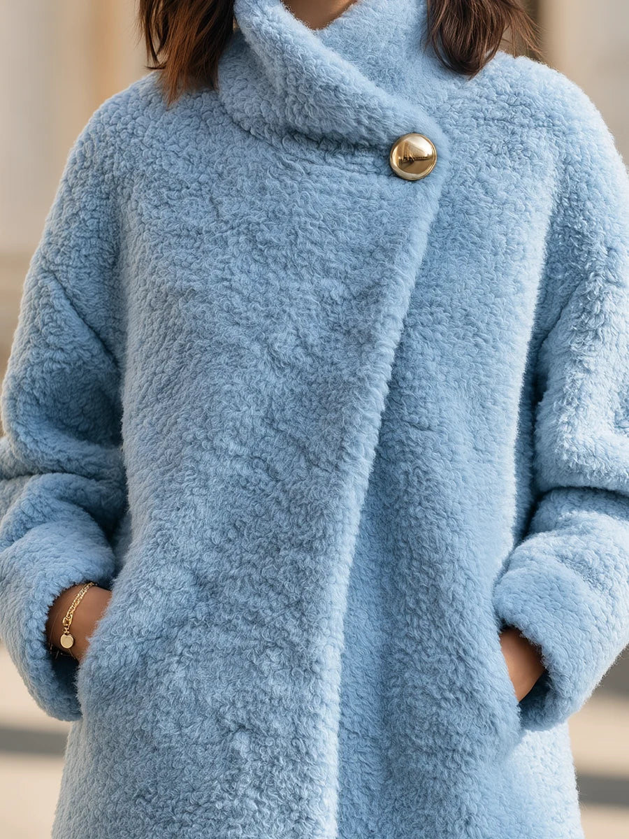 Plush Light Blue Teddy Coat with Gold Button and Wrap Collar