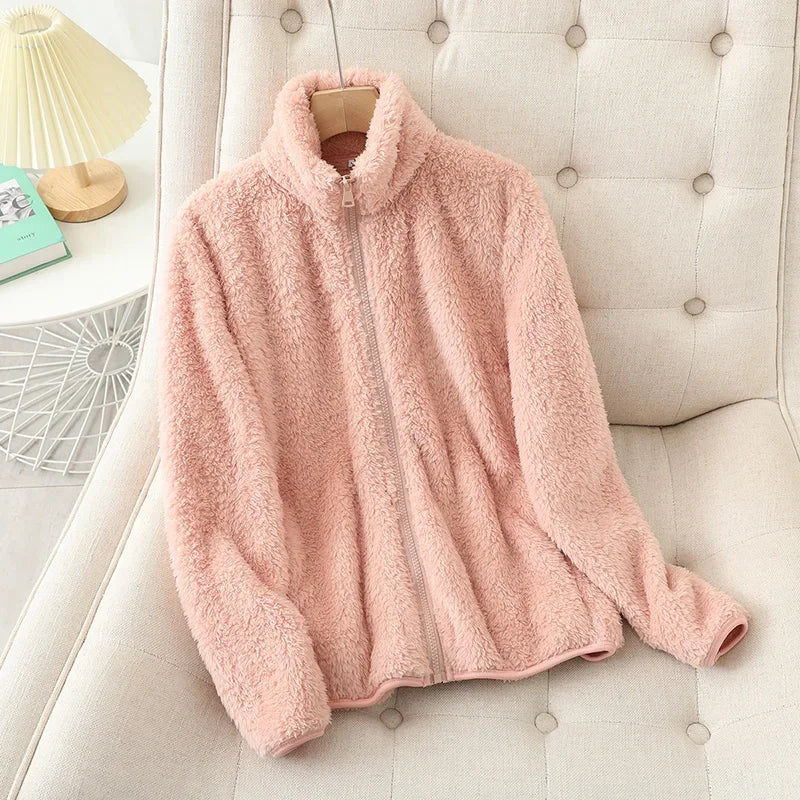 Plush Sherpa Fleece Jacket with High Collar and Side Pockets