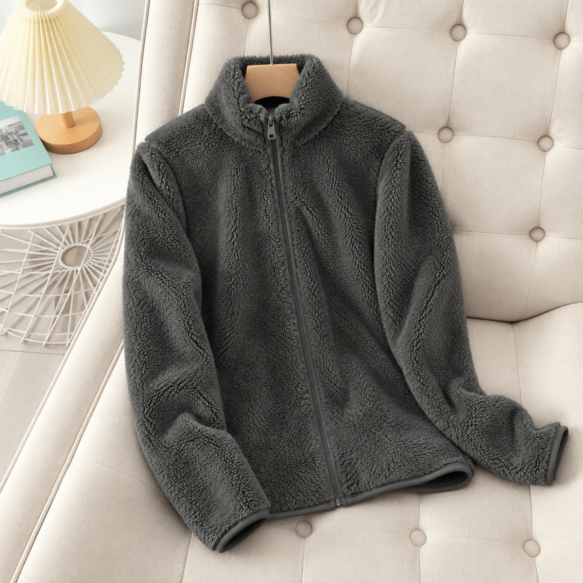 Plush Sherpa Fleece Jacket with High Collar and Side Pockets