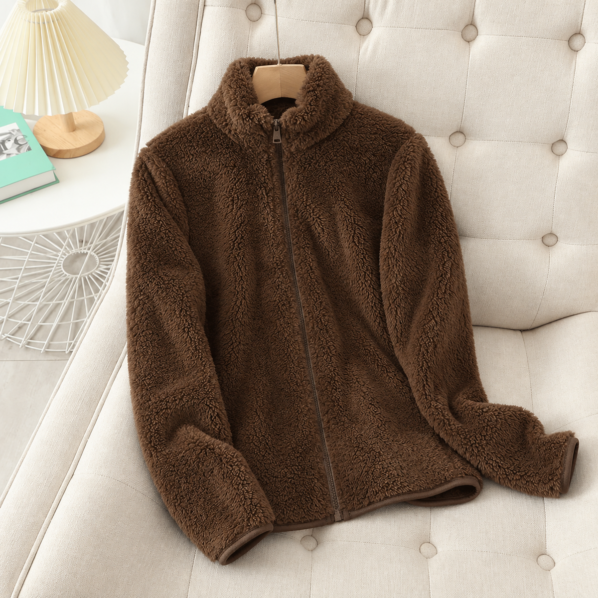 Plush Sherpa Fleece Jacket with High Collar and Side Pockets