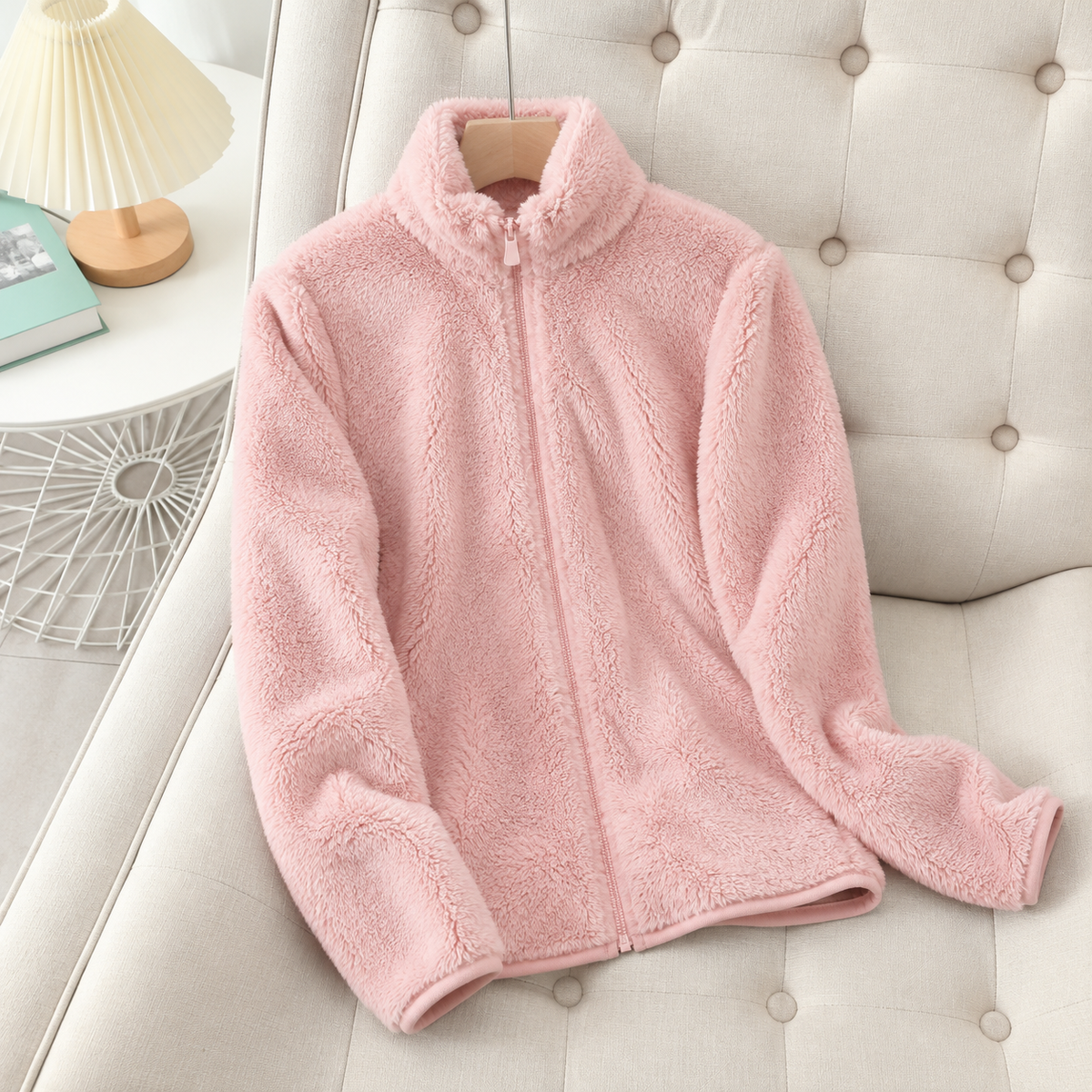 Plush Sherpa Fleece Jacket with High Collar and Side Pockets