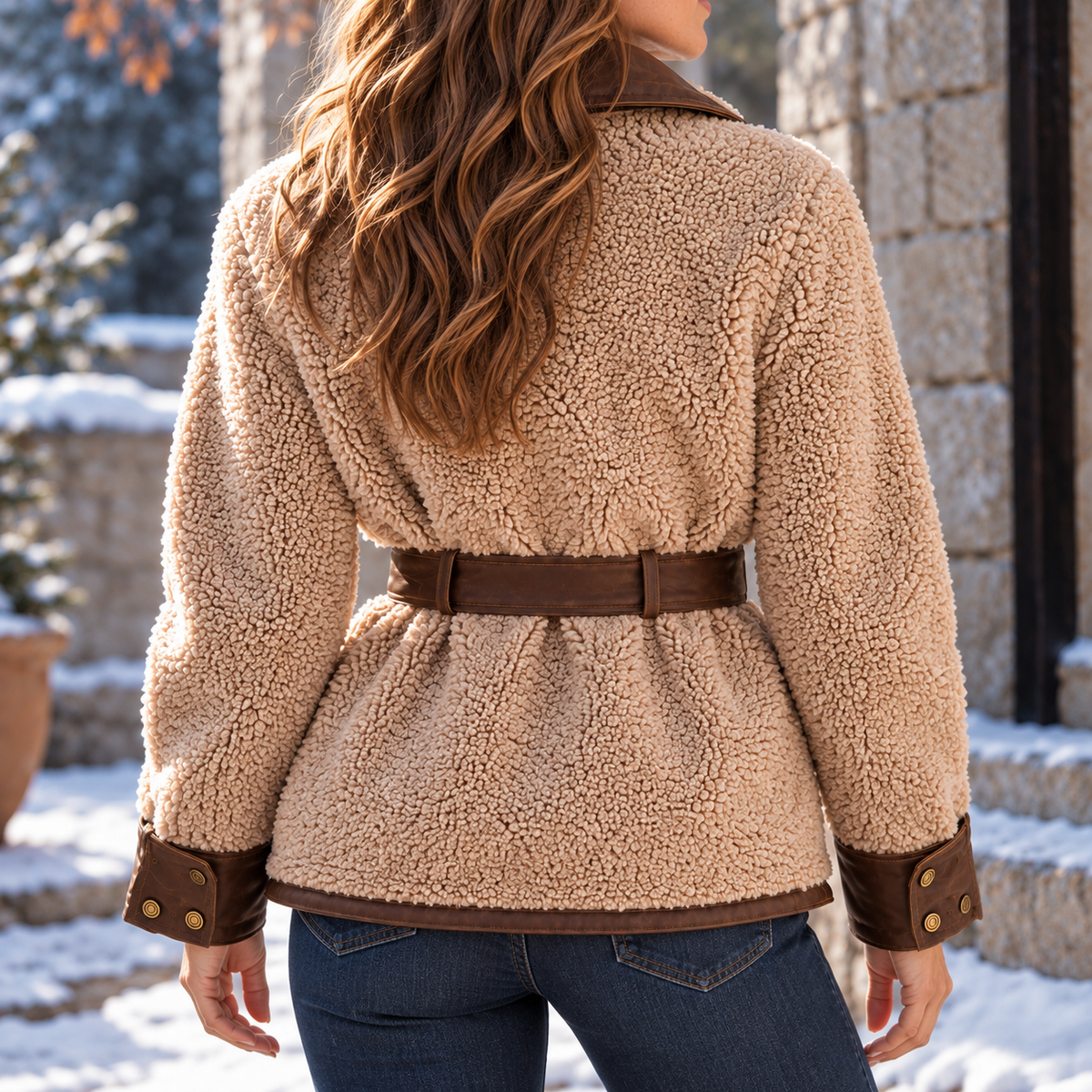 Plush Sherpa Jacket with Vegan Leather Belt and Contrast Trim