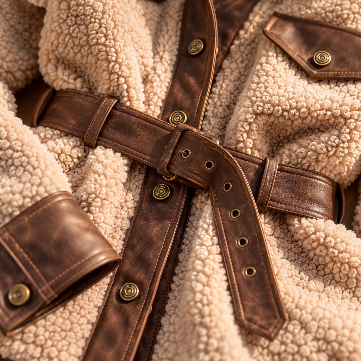 Plush Sherpa Jacket with Vegan Leather Belt and Contrast Trim