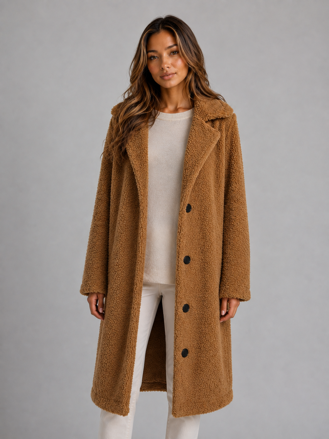 Plush Teddy Coat with Wide Collar and Black Buttons