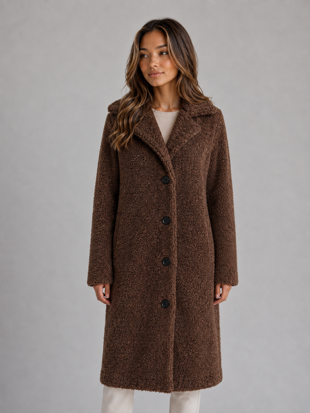Plush Teddy Coat with Wide Collar and Black Buttons