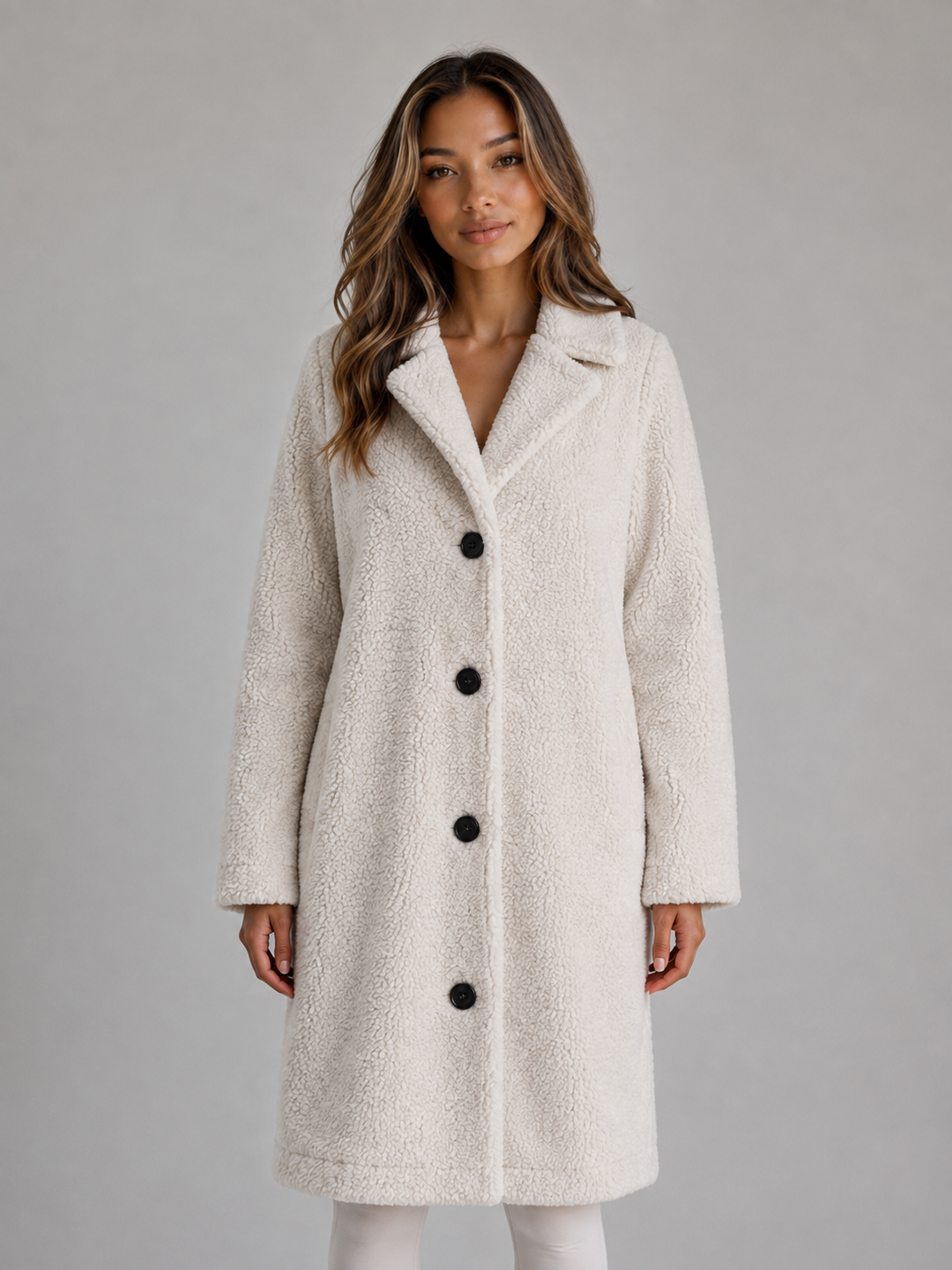 Plush Teddy Coat with Wide Collar and Black Buttons