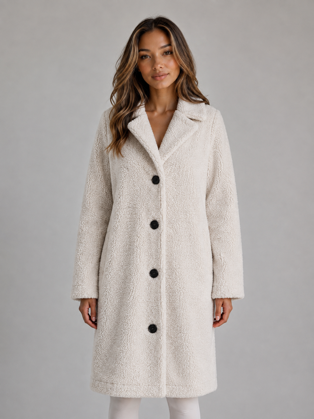Plush Teddy Coat with Wide Collar and Black Buttons