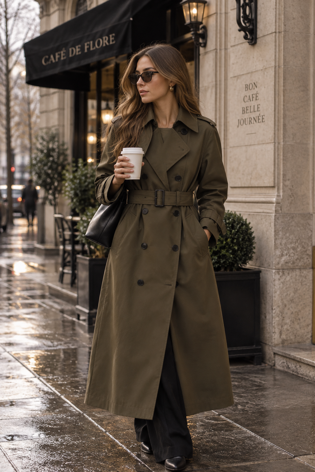 Polished Double Breasted Long Trench Coat with Belted Waist
