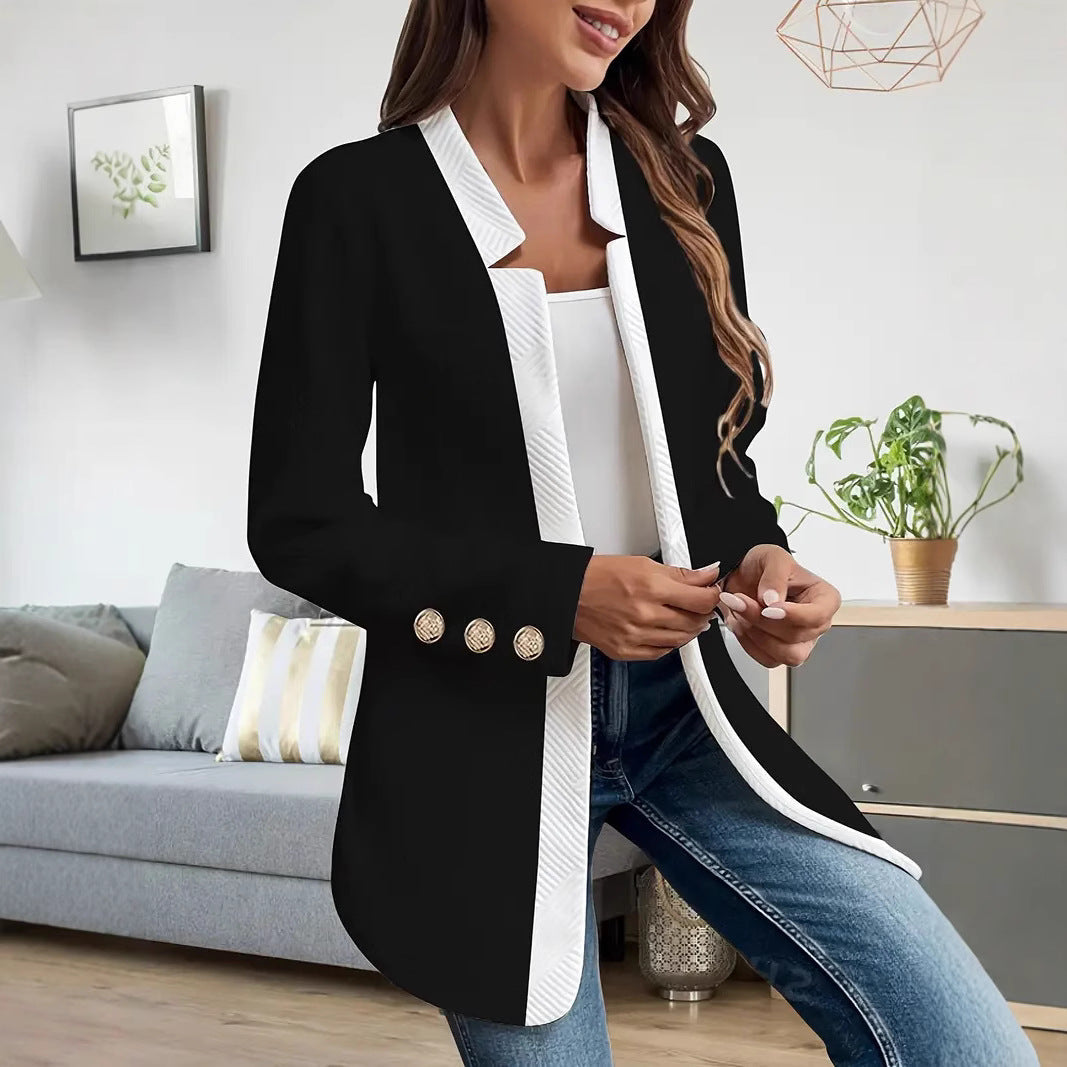 Polished Open Front Blazer with Contrast Trim and Gold Buttons