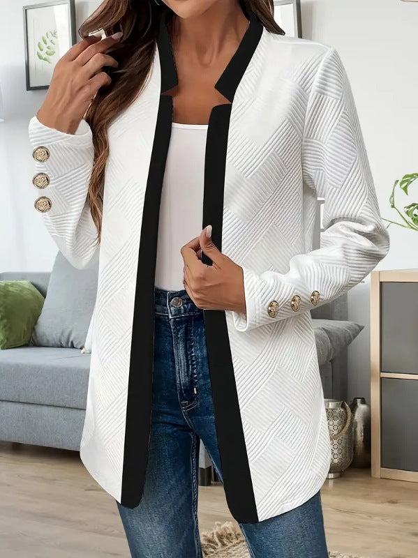 Polished Open Front Blazer with Contrast Trim and Gold Buttons