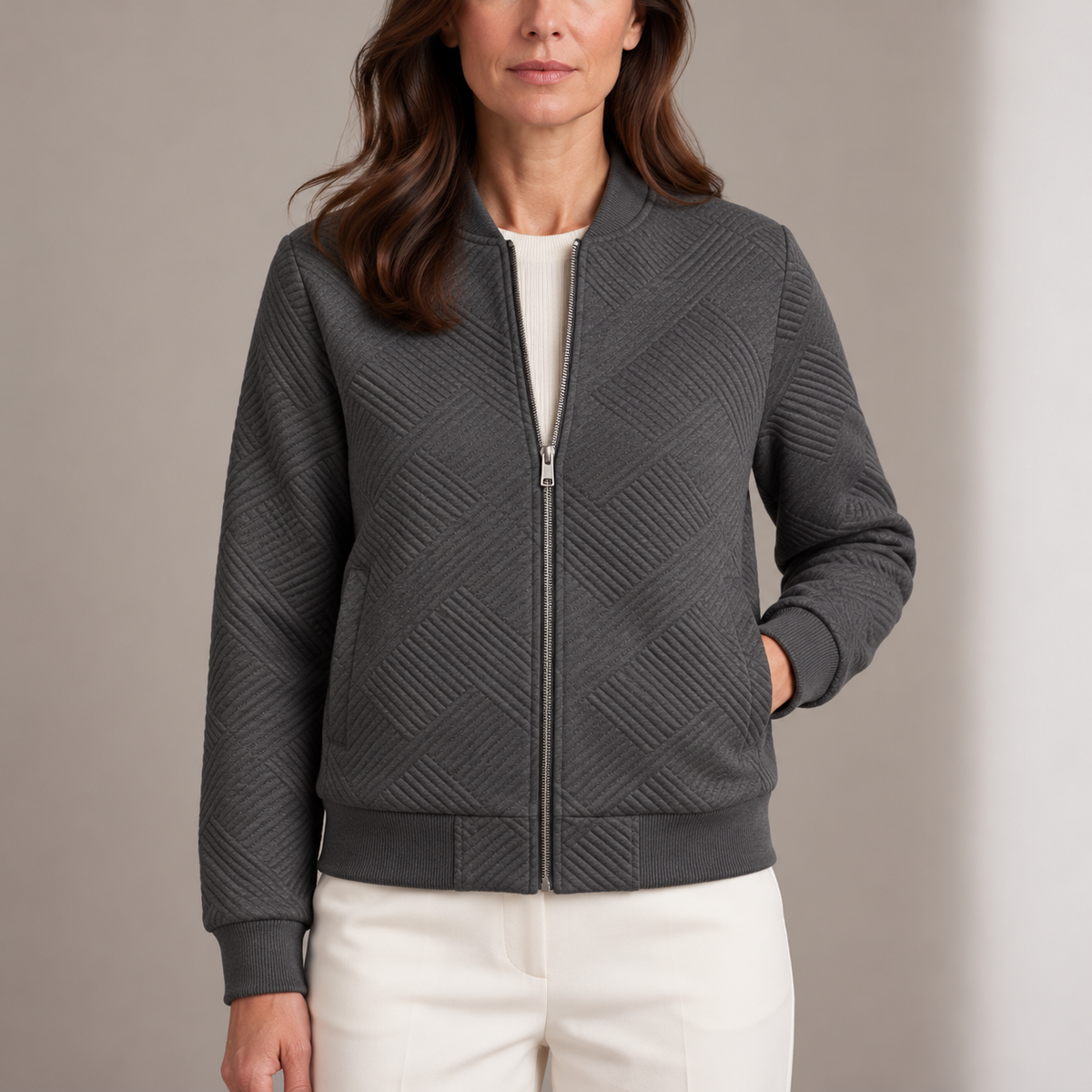Quilted Bomber Jacket with Diamond Texture Pattern