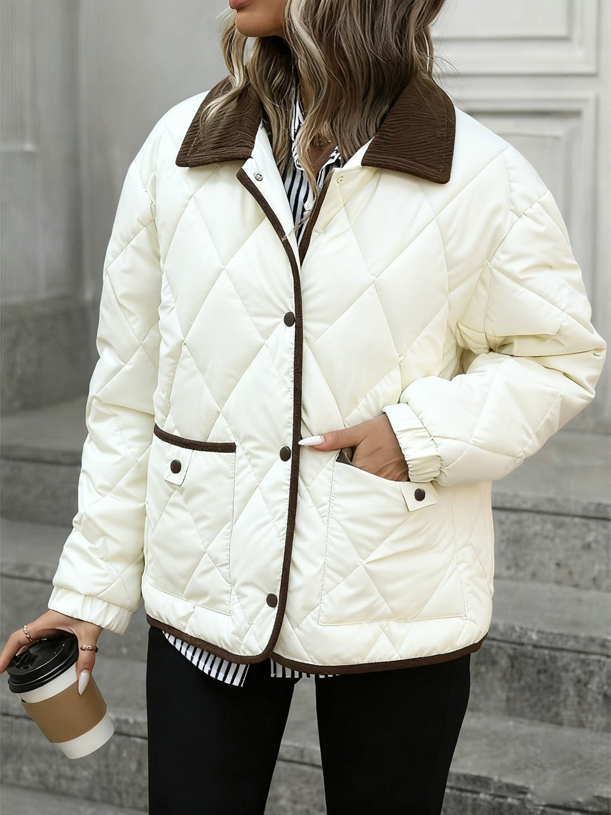 Quilted Jacket with Corduroy Collar and Contrast Trim
