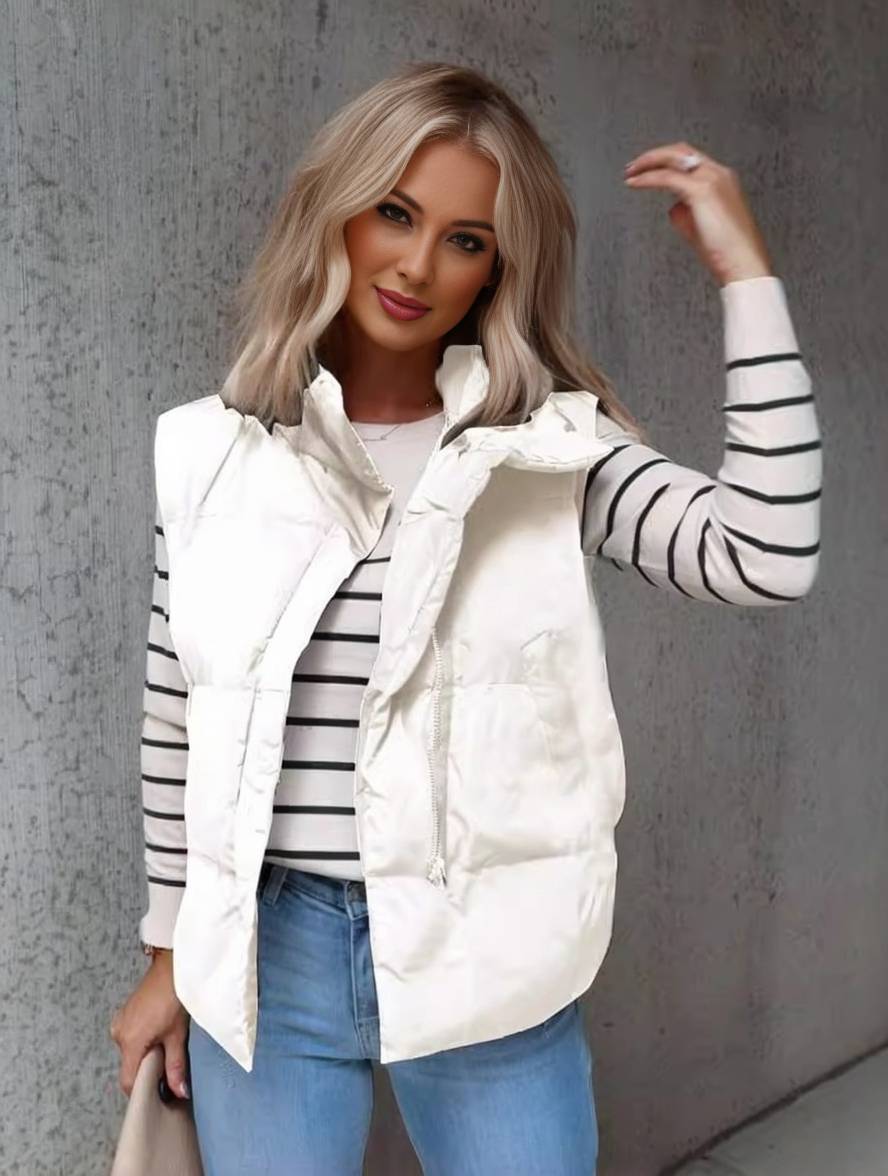Quilted Puffer Gilet with Stand Collar and Side Pockets