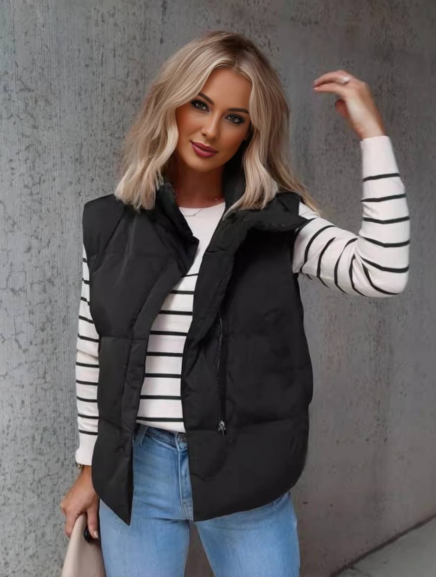 Quilted Puffer Gilet with Stand Collar and Side Pockets