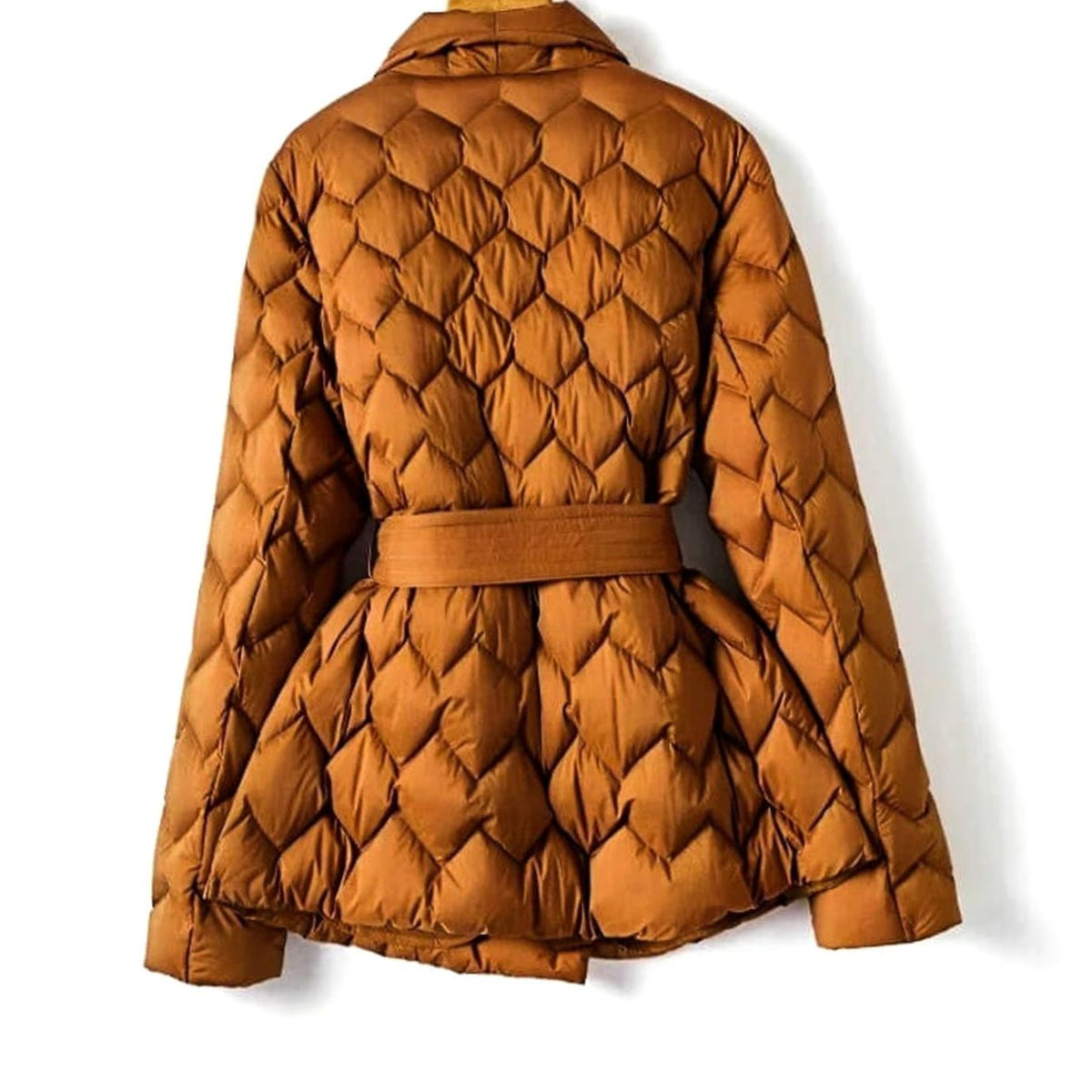 Quilted Puffer Jacket with Diamond Quilting and Tie Belt