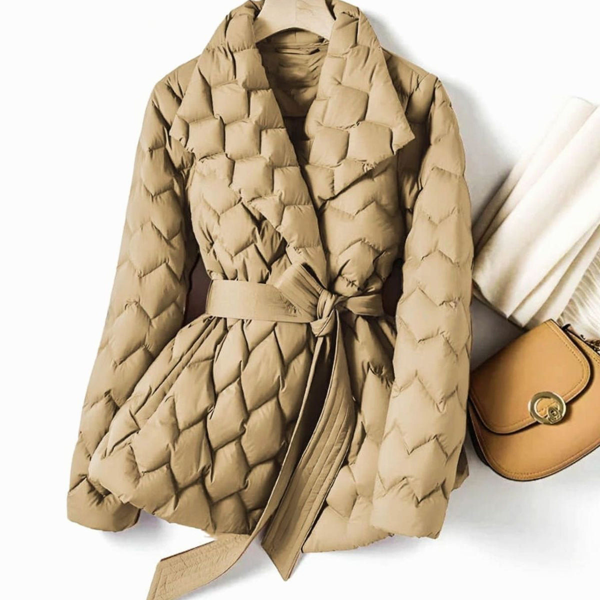 Quilted Puffer Jacket with Diamond Quilting and Tie Belt