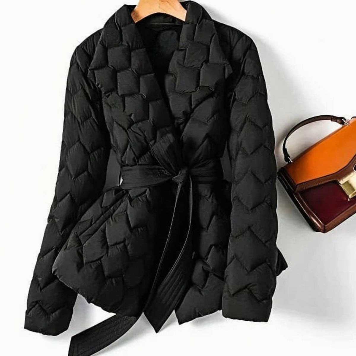 Quilted Puffer Jacket with Diamond Quilting and Tie Belt