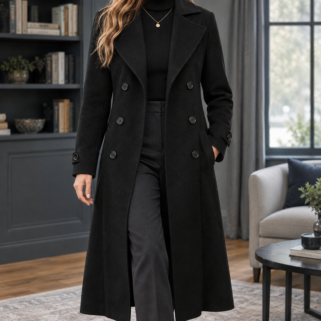 Refined Double Breasted Long Wool Coat with Wide Collar