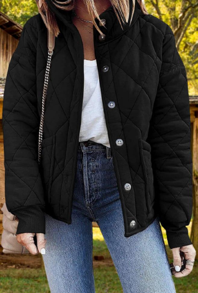 Relaxed Diamond Quilted Jacket with Stand Collar and Front Pockets