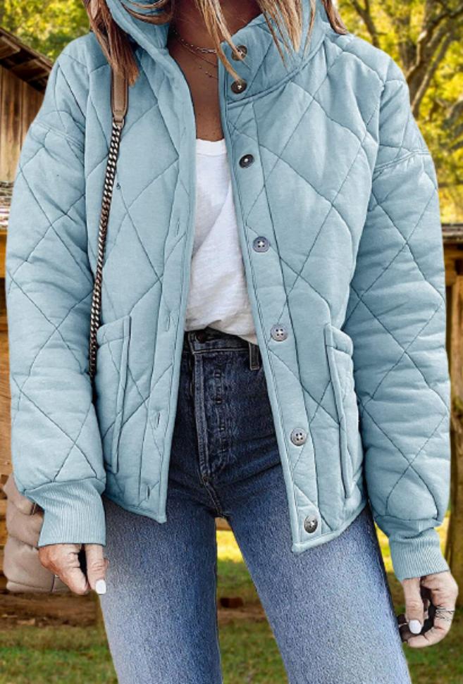 Relaxed Diamond Quilted Jacket with Stand Collar and Front Pockets