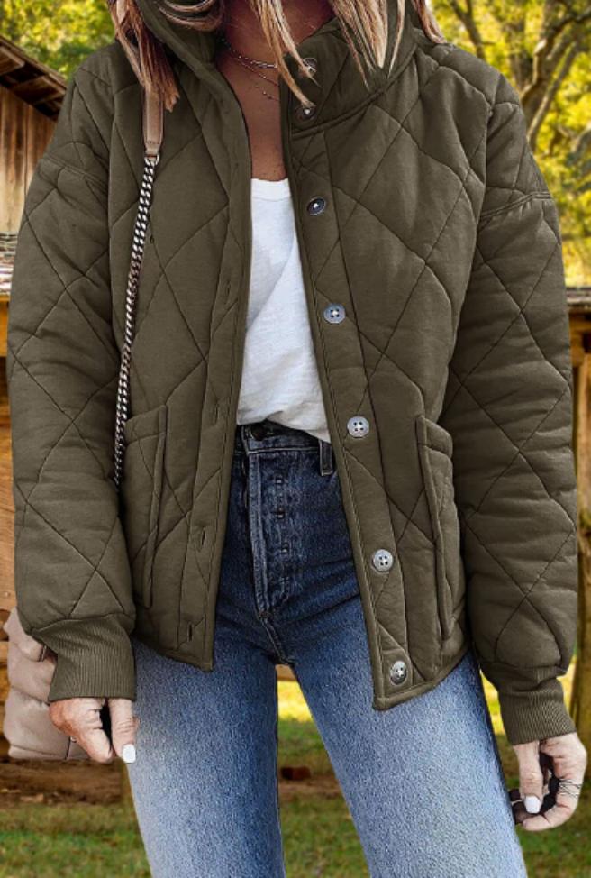 Relaxed Diamond Quilted Jacket with Stand Collar and Front Pockets
