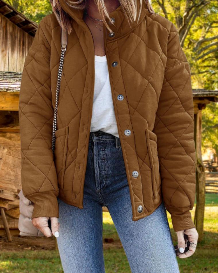 Relaxed Diamond Quilted Jacket with Stand Collar and Front Pockets