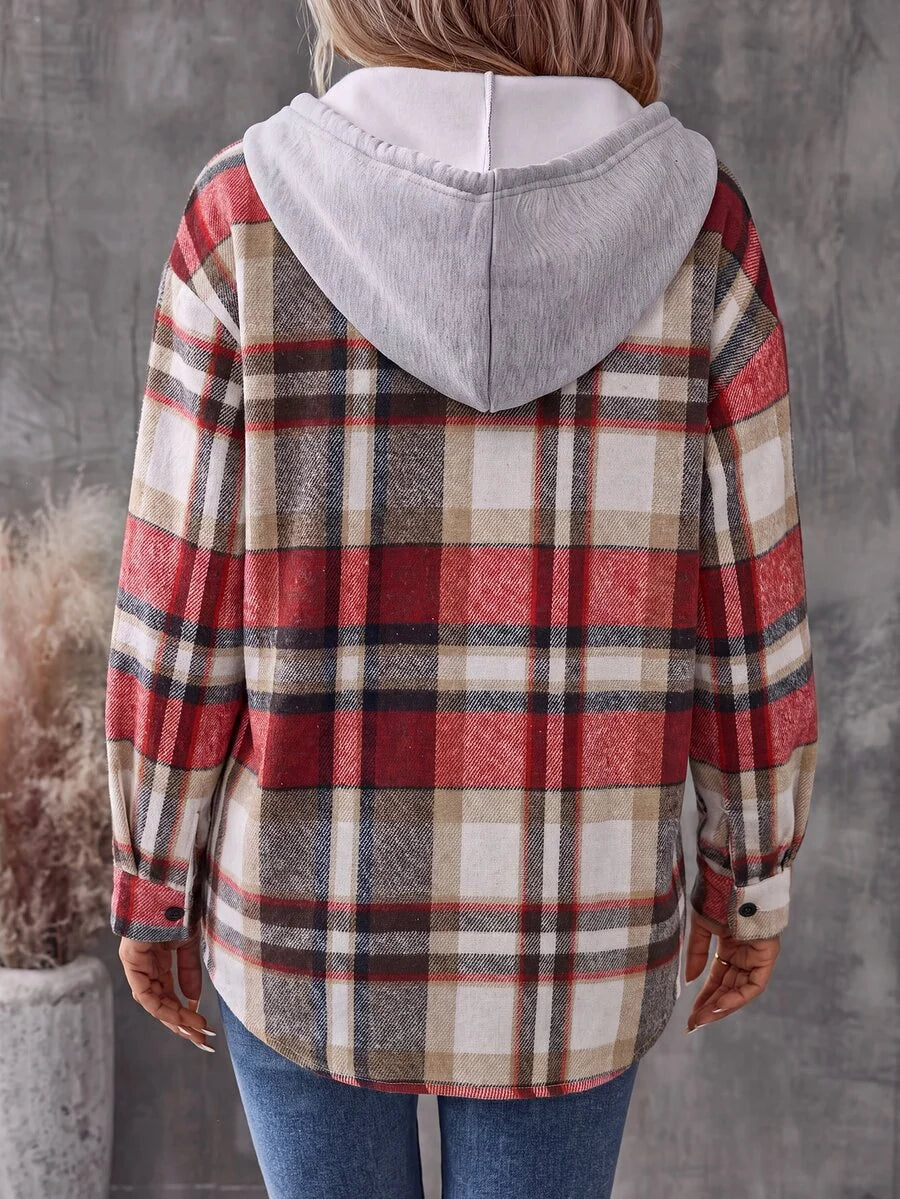 Relaxed Plaid Hooded Shacket with Chest Pocket