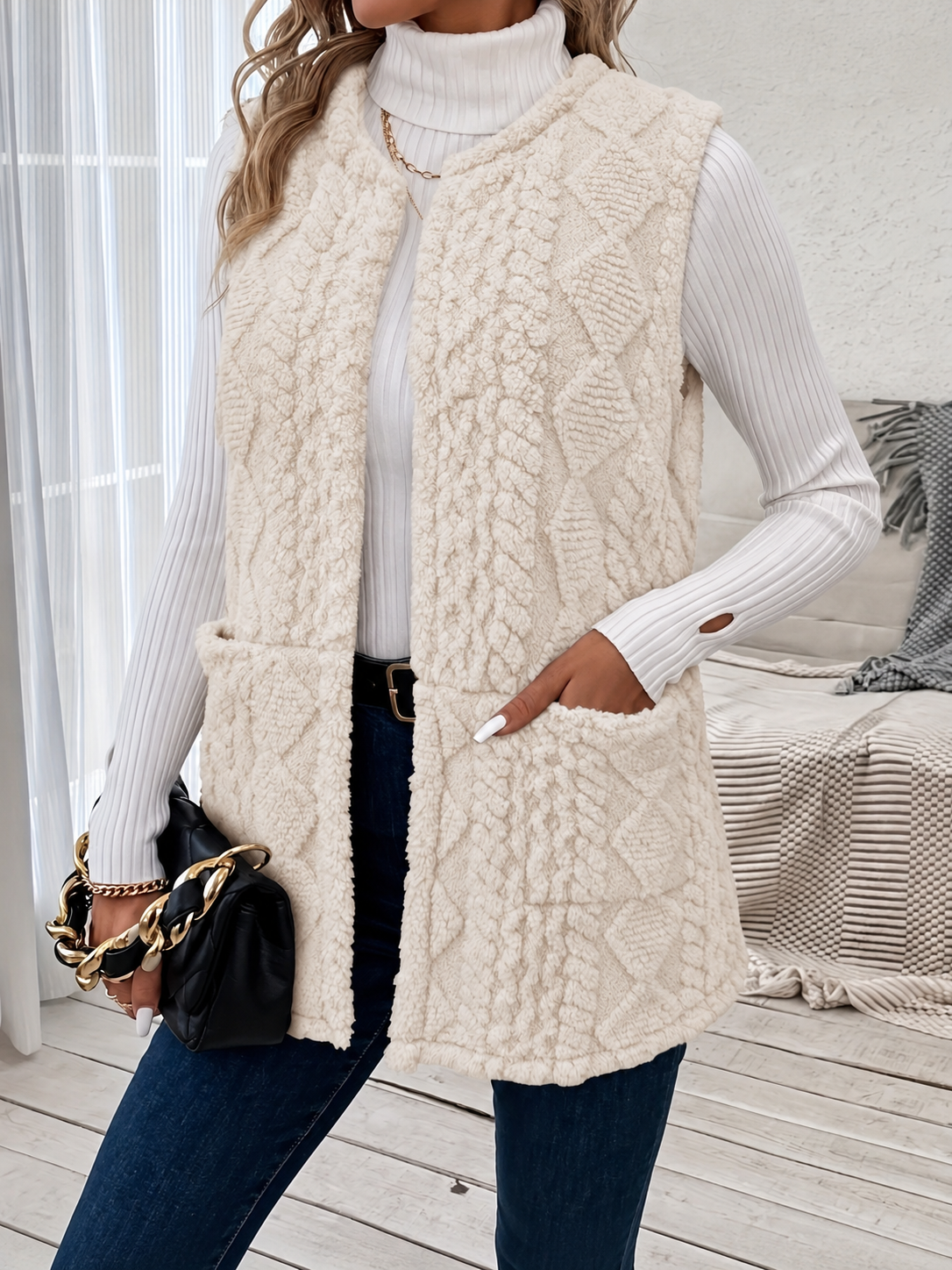Relaxed Fleece Gilet with Diamond Texture and Front Pockets