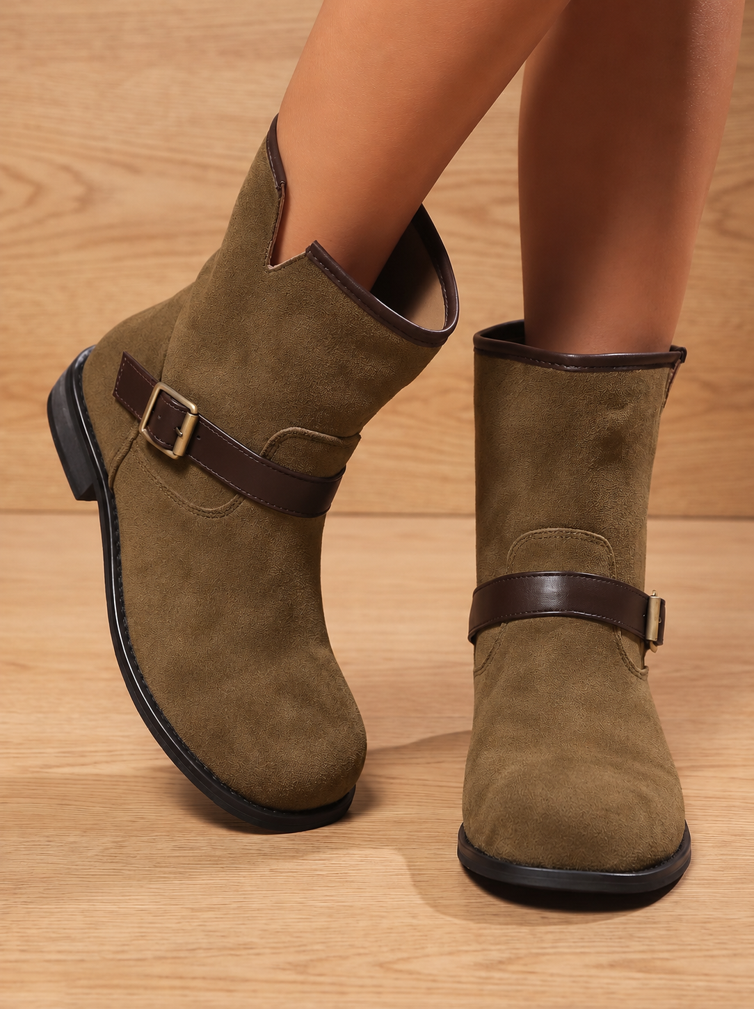 Retro Suede Ankle Boots with Contrast Buckle Strap