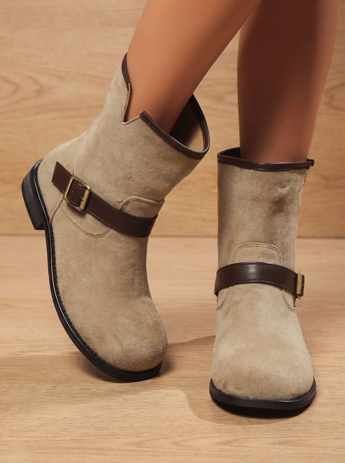 Retro Suede Ankle Boots with Contrast Buckle Strap
