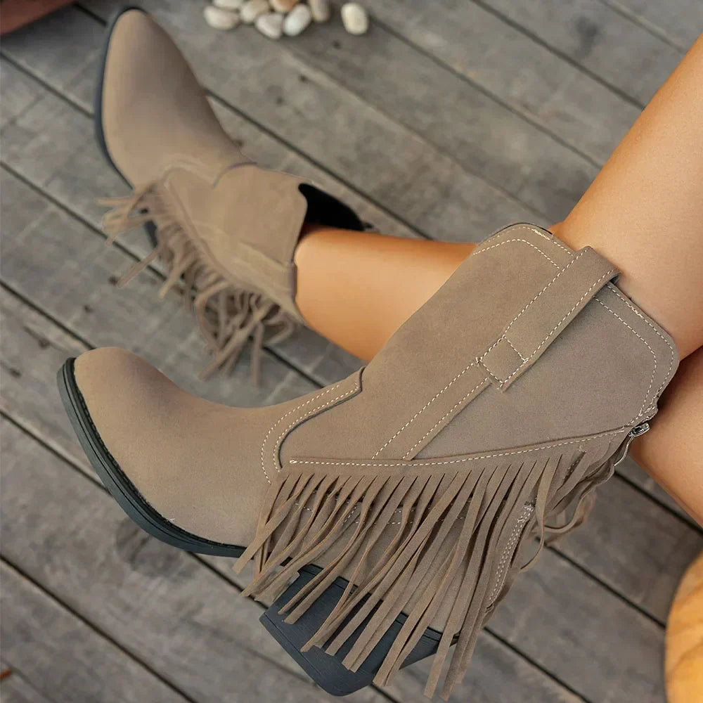 Retro Suede Cowboy Boots with Fringe and Fold-Over Strap