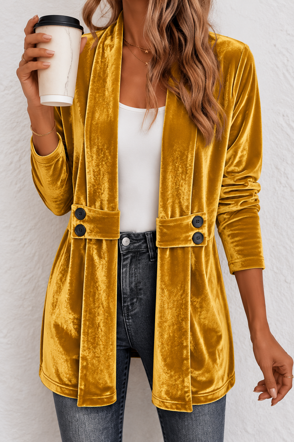 Rich Velvet Blazer with Shawl Collar and Button Waist Detail