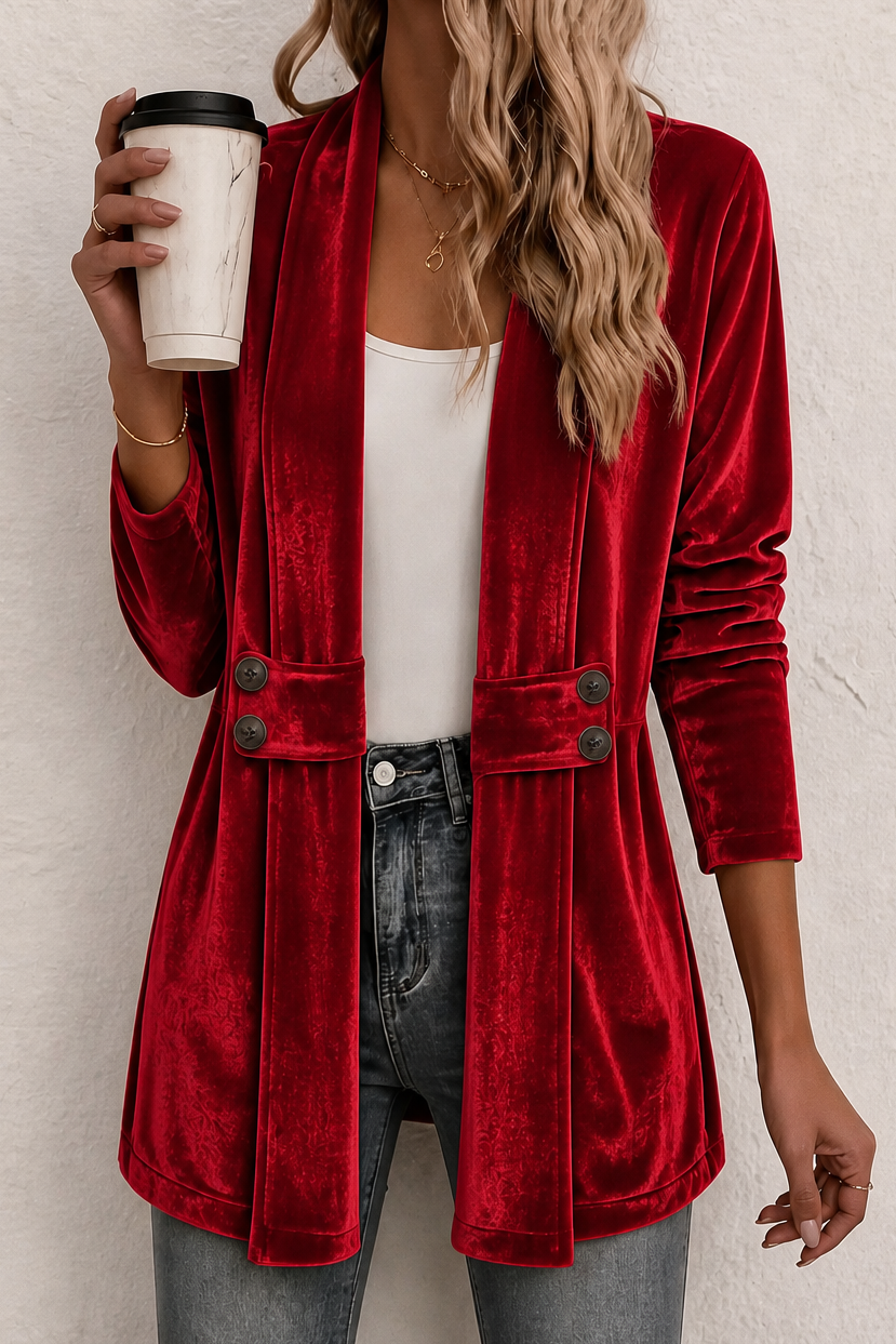 Rich Velvet Blazer with Shawl Collar and Button Waist Detail