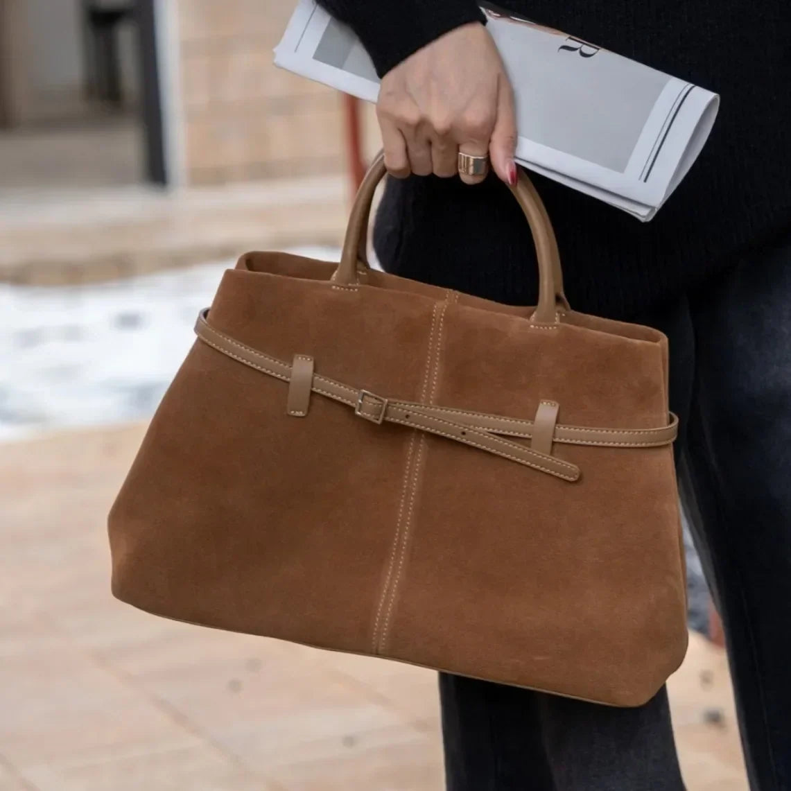 Rosamund - Structured Faux Suede Tote Bag