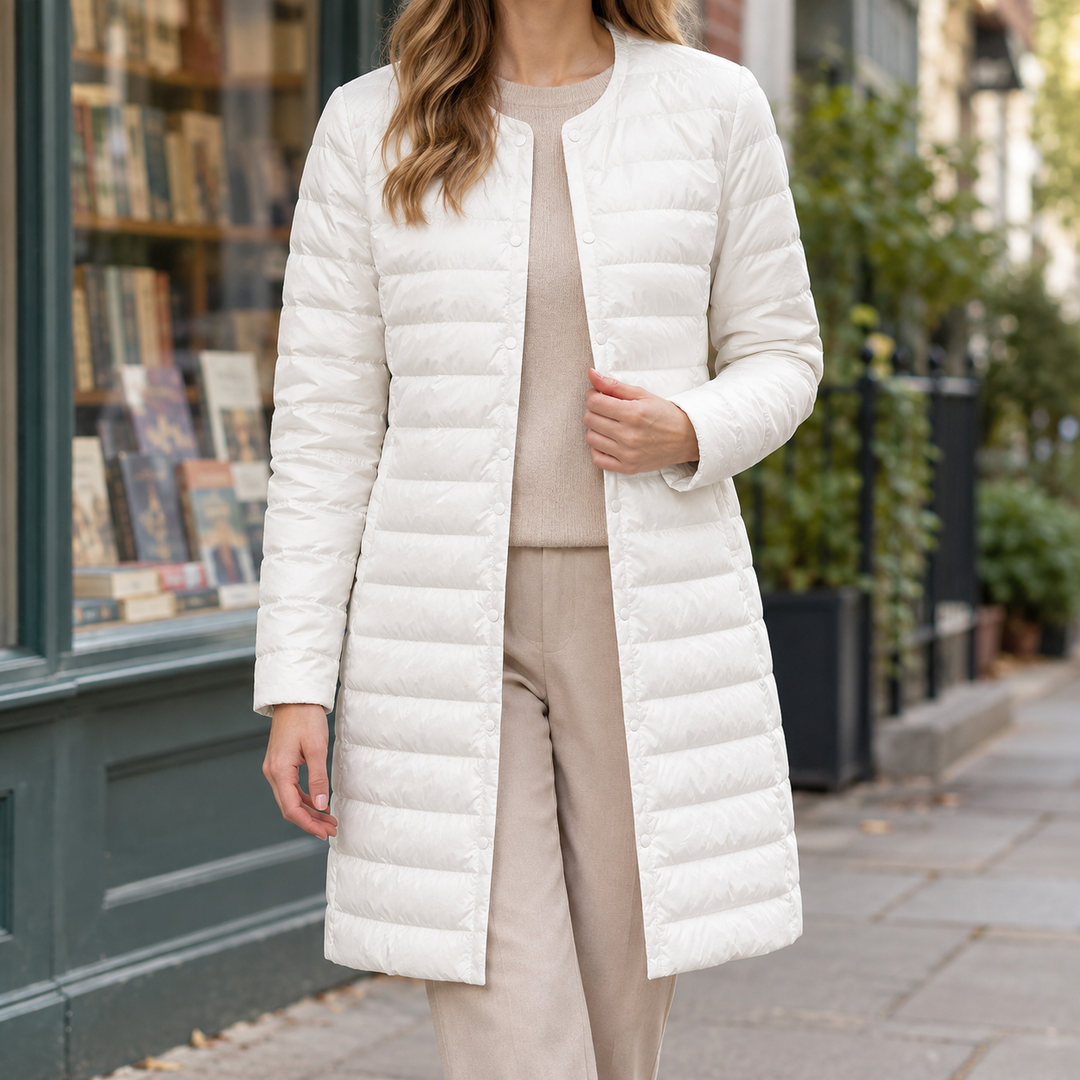 Slim Fit Long Quilted Puffer Jacket with Snap Front