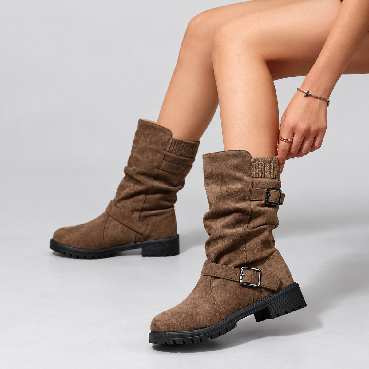 Slouch Suede Mid Calf Boots with Knit Cuff and Double Buckle