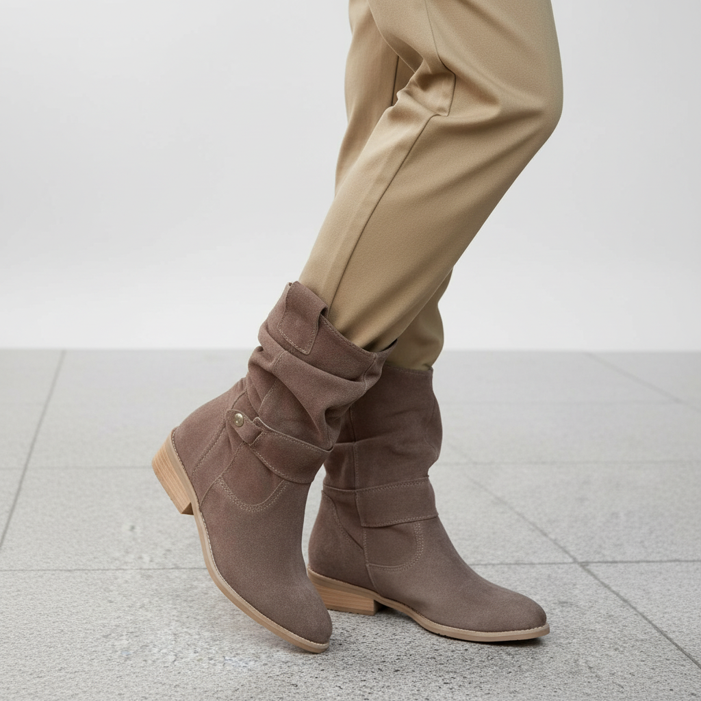 Slouchy Suede Ankle Boots with Strap and Block Heel