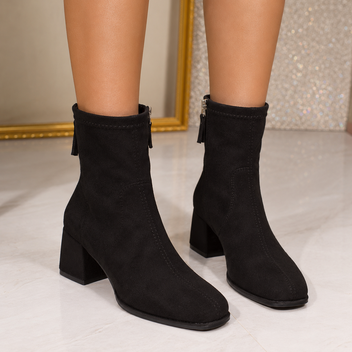 Suede Heeled Ankle Boots with Block Heel and Square Toe