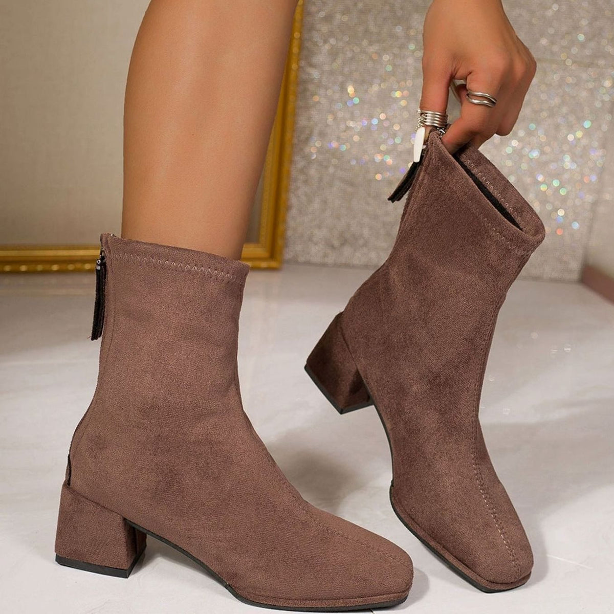 Suede Heeled Ankle Boots with Block Heel and Square Toe