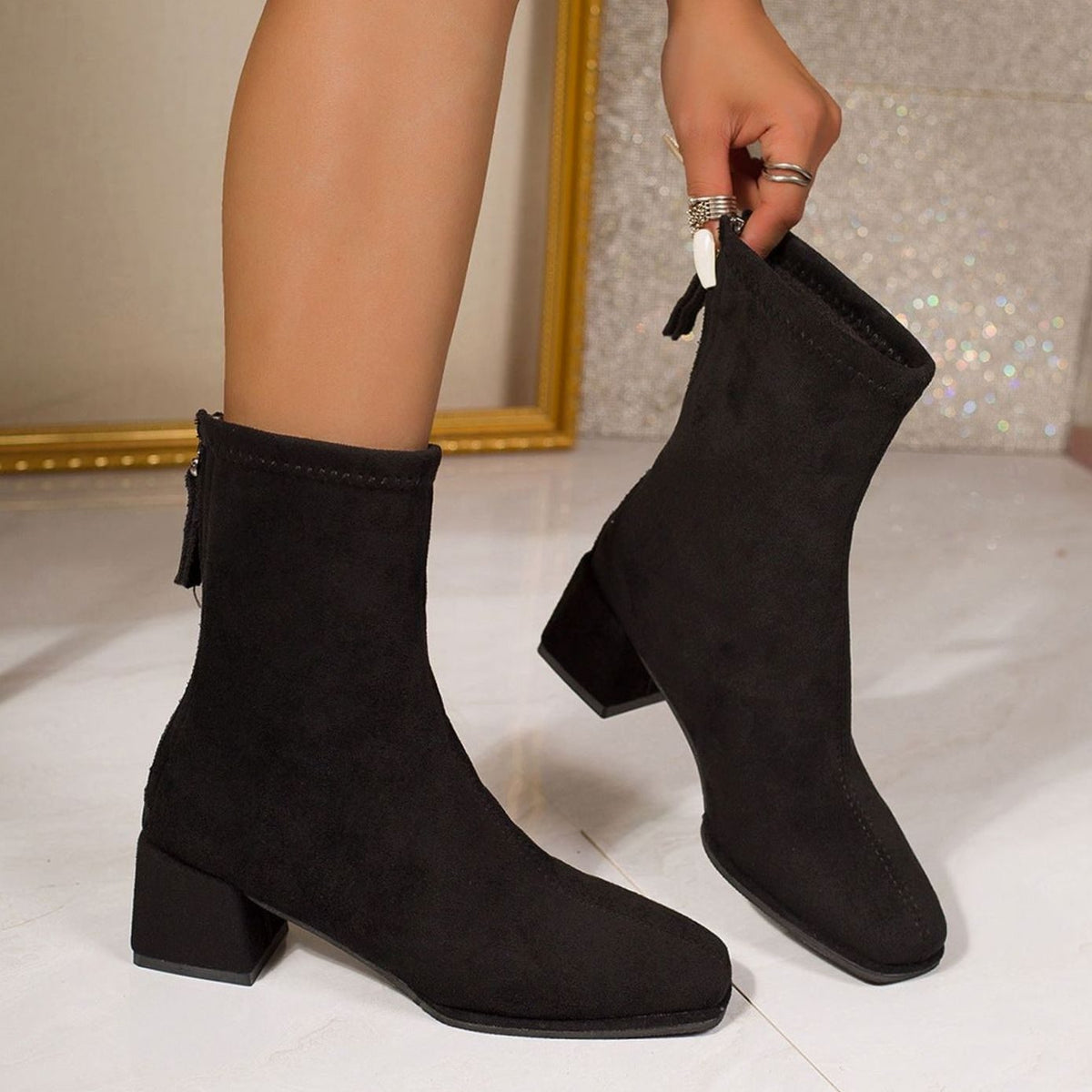 Suede Heeled Ankle Boots with Block Heel and Square Toe
