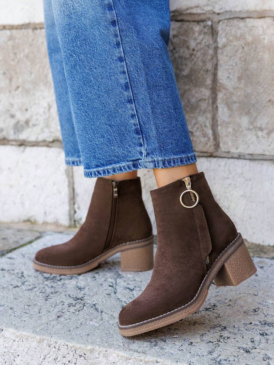 Suede Heeled Ankle Boots with Gold Ring Zip Detail