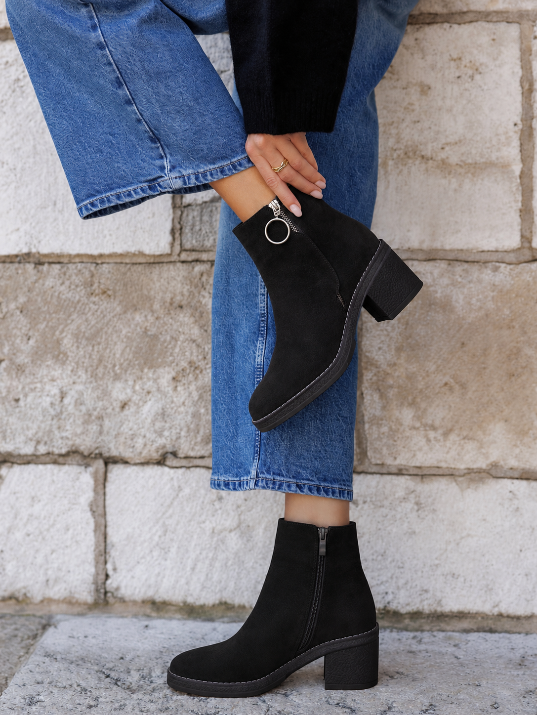 Suede Heeled Ankle Boots with Gold Ring Zip Detail